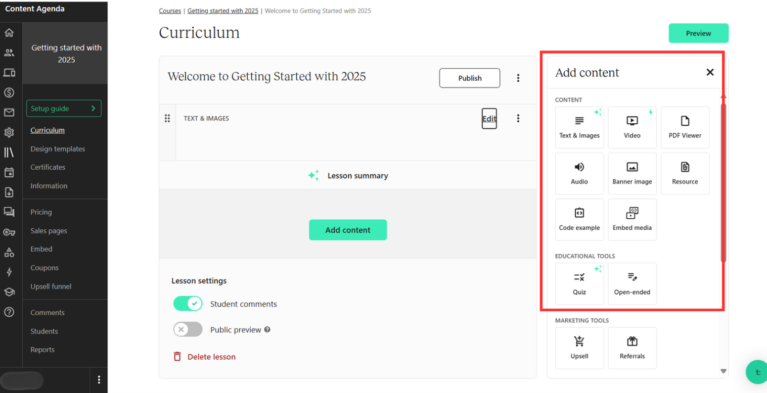 Teachable curriclum and course builder featuring multiple formats like text, video, pdf, audio etc..